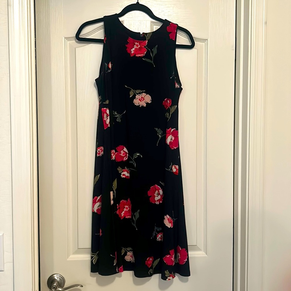 NWOT. A-line sheath dress. Black with pink flowers.